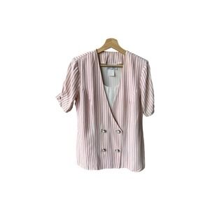 En Focus Blouse Top Vintage 90s Pink White Striped Double Breasted Short Sleeve